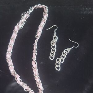 Elegant Silver and Pink Chain Necklace and Earring Set